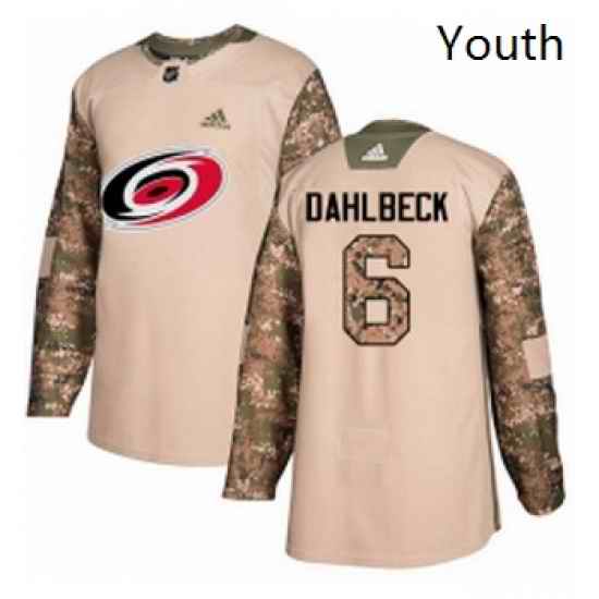Youth Adidas Carolina Hurricanes 6 Klas Dahlbeck Authentic Camo Veterans Day Practice NHL Jersey